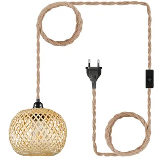 EcoGehen Vintage Hängelampe mit Stecker - Boho Lampe Pendelleuchte Rattan Bambus Lampenschirm Hängeleuchte Esstischlampe Rustikal Hängende Leuchte 450cm Kabel E27 für Schlafzimmer Flur Küche Esstisch