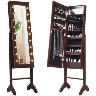 Costway 18 LED-Schmuckschrank neigungsverstellbar, Schmuckregal mit Ganzkörperspiegel und kleinem Schminkspiegel, Schmuck Spiegelschrank für Makeup (Braun)