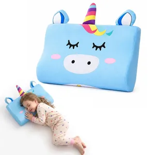 champracer Schlummerkids Kissen, Calmly Kinderkissen, Kinderkopfkissen, Atmungsaktives Ergonomisches Kissen für Jungen und Mädchen mit Niedlichen Tierdesigns (Blaues Einhorn,50 * 30 cm)