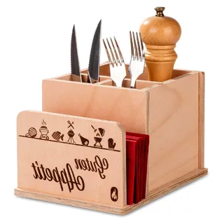 HOTTY – Besteckkorb "Guten Appetit" Besteckkasten handgefertigt aus Holz für Tisch – Besteckhalter-Organizer für Besteck, Servietten & Saucen – Stilvoller Tischbutler – Ideal für BBQ-Grillpartys - Schwarz