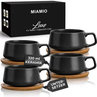 MIAMIO - Cappuccinotassen Set, Kaffee Tassen (4×320 ml) - Luxe (Schwarz)