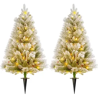 90 cm Künstlicher Weihnachtsbaum, 2er-Set Christbaum mit 100 LED-Lichten 151 Astspitzen flammhemmend, für Weihnachtsfest, Indoor, Grün+Weiß