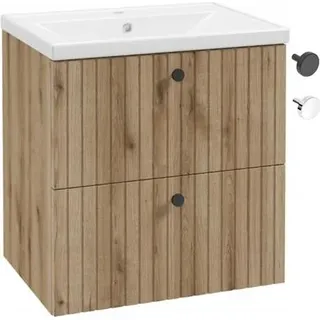 Badezimmerschrank mit Waschbecken 60 cm evoke Eiche geriffelte Lamellen Rietti - Schwarz