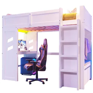Stilvora Hochbett 90/200 cm in Weiß mit Schreibtisch, 2 Schubladen, Led, USB und Type-C , Holz, Holzwerkstoff , 90x200 cm , Babymöbel & Kindermöbel, Kinderzimmer & Jugendzimmer, Kinderbetten, Hochbetten
