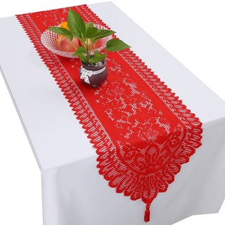 KYEYGWO Rot Hohle Spitze Tischläufer mit Vintage Blumenmuster, Elegante Makramee Tischdecke Boho Tischwäsche mit Quasten, Landhausstil Tischtuch für Esstisch Deko Hochzeit Weihnachten 135x33 cm