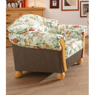 Sessel HOME AFFAIRE "Milano, bequemer Loungesessel, Landhaus-Stil, Holz-Chatosen und -Füße", braun (braun, geblümt), B:102cm H:83cm T:81cm, Chenille (70% Polyacryl, 30% Polyester) auf Korpus und Zierkissen, Sitz und Rücken im Blumenmuster »Paradise« (100% Polyester);Chenille (70% Polyacryl, 30% Polyester), Sessel, Sessel