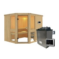 KARIBU Sauna »Pölva 3«, inkl. 9 kW Saunaofen mit externer Steuerung, für 4 Personen - beige