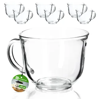 KADAX Große Teegläser 480 ml mit Henkel, 6er Set, spülmaschinenfeste Gläser für Heißgetränke wie Tee, Kaffee & Kakao, Teetassen, Kaffeegläser aus Glas, Kaffeetassen