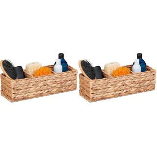 Relaxdays Aufbewahrungskorb Wasserhyazinthe, 3 Fächer, Badezimmer Aufbewahrung, HBT: 13 x 42,5 x 15 cm, Körbchen, natur (Packung mit 2)