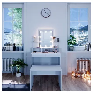 Vicco Schminktisch Ania, 80 cm mit LED Beleuchtung und Bank, Weiß - Weiß