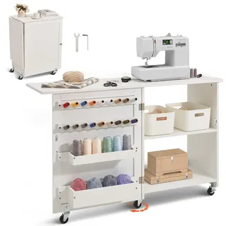 Vevor klappbarer Nähtisch Mehrzweck Nähmaschinentisch mit Rollen & Regalen & Ablagefächern & Holzstiften & magnetischen Türen, Nähmaschine weiß (1170 x 400 x 778 mm)