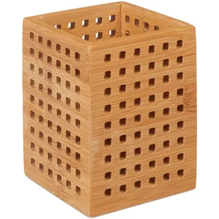 Relaxdays Stiftköcher Bambus, Stiftebecher Schreibtisch, Landhausstil, HxBxT: 11,5 x 9 x 9 cm, Stiftehalter, natur