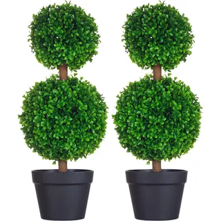 Homcom 2er-Set Buchsbaum groß 60 cm, UV-beständige Kunstpflanze, Plastik Künstliche Pflanzen im Topf, Kunstbaum, Fake Plant wie echt für Wohnzimmer Schlafzimmer Büro Garten Deko Geschenk