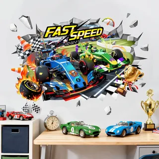 Supzone Wandtattoo 3D Autos Groß Wandsticker Rennwagen Lastkraftwagen Wandaufkleber Kinderzimmer Junge Babyzimmer Spielzimmer Wanddeko