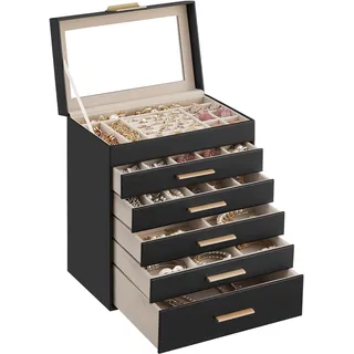 SONGMICS GISELLA Kollektion - Schmuckkästchen, Schmuckkasten mit 6 Ebenen, Schmuckbox mit Glasdeckel, 5 Schubladen, für Sonnenbrillen, Schmuckaufbewahrung, modern, graphitschwarz-golden JBC171B01