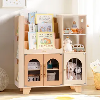 ROBUD Kinder bücherregal Karamellfarbe, Holz Standregal,mehrstufig, mit Spielzeugaufbewahrungszone, Kinderschrank für große Bilderbücher, Kindermöbel