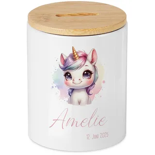 Einhorn Spardose personalisiert Mädchen mit Name, Datum, Sparschwein Wunscherfüller zum Geburtstag, Einschulung, Taufe