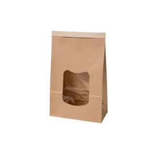 Greenbox Blockbeutel L, braun, PLA-Folie, 15,5 x 7 x 24,2 cm, Biobasierter Bodenbeutel mit Fenster und Clipband Verschluss, 1 Karton = 400 Stück