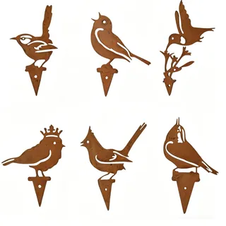 InteDesign 5er Set Rostige Vögel Gartendeko Metall Gartenstecker Rost Vögel Deko- Edelrost Vogelsilhouetten Zaundeko Outdoor, Rost Deko für Garten, Gartenstecker Metall (6pcs-F)