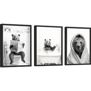 EXCOOL CLUB Bären-Badezimmer-Dekor – 30,5 x 40,6 cm, lustiger Bär-Wandkunst in Badewanne, schwarz-weiß, lustiges Badezimmer-Wandkunst-Poster, Vintage-Tier-Badezimmerbilder für WC-Dekoration