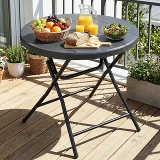 Klappbarer Gartentisch - Campingtisch - Runde Tischplatte 80 cm - Höhe 74 cm - Schwarz - Edelstahlgestell - Für 4 Personen