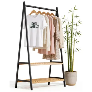 RoyalGrove® Kleiderständer mit 2 Ablagen, Bambus schwarz, Garderobenständer mit stabiler Kleiderstange, Holz Garderobe mit Schuhregal, für Flur, Schlafzimmer, offener Kleiderschrank, 160 x 80 x 44 cm