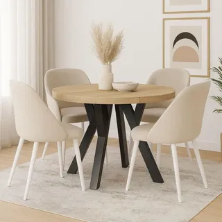 Runder Ausziehbarer Tisch für Esszimmer, PERO, Loft-Stil, Skandinavische, Durchmesser: 120 / 220 cm, Farbe: Eiche Sonoma / Schwarz - Beige