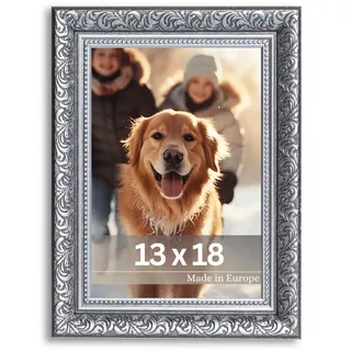 Victor Vintage Bilderrahmen „Rubens“ in 13x18 cm Schwarz Silber - Leiste: 30x20mm - Echtglas - Fotorahmen Barock - Antik - Bilderrahmen 13x18 Schwarz