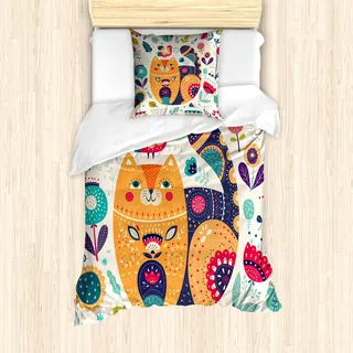 ABAKUHAUS Katze Bettbezug Set für Einzelbetten, Skandinavisch Blumen Motive, Milbensicher Allergiker geeignet mit Kissenbezug, Hell Orange Zinnoberrot Babyblau Eierschalenfarben