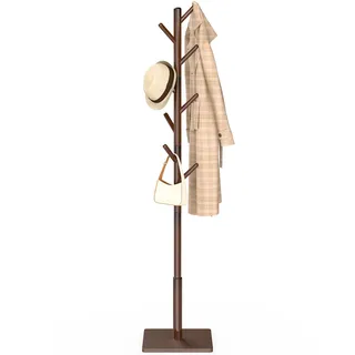 YheenLf Garderobenständer Holz, Jackenständer, Kleiderständer Stabil, Garderobe Stehend für Eingang, Wohnzimmer, 8 Haken, 3 Verstellbare Höhen, 30x30x180cm, Braun
