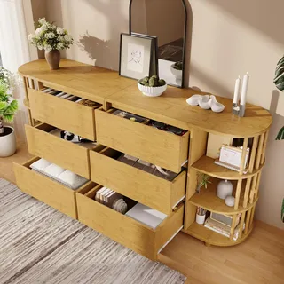 okwish Kommode mit römisches Design,Sideboard mit Säulen und Bambus-Regalen,Beistellschrank mit 6 Schubladen und offene Regale,Buffetschrank mit höhenverstellbare Füße,Eiche - Braun
