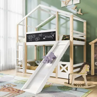 MODFU MODFU Etagenbett  Kinderbett  Holzbett mit Rutsche ,Baumhaus 90 x 200 cm mit Leiter, Hochbett mit Rausfallschutz, Massivholz Hausbett,ohne Matratze,Natur & Weiß - Weiß