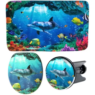 Sanilo Badaccessoire-Set »Delphin Korallen« bestehend aus WC-Sitz, Badteppich und Waschbeckenstöpsel, bunt