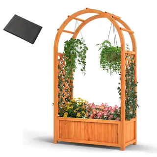 HOMASIS 3-in-1 Blumenkasten mit Rosenbogen und Rankgitter, Orange | Hochbeet aus Holz mit Spalier und Dachregal, Rankhilfe für Blumen & Kletterpflanzen, Pflanzkübel für Garten Balkon Terrasse
