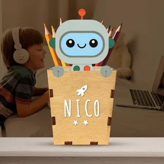 WONDEE Personalisierter Stifthalter aus Holz mit Namen, Roboter-Schreibtisch-Organizer für Kinder, Geburtstagsgeschenke für die Schule für Kinder, Schreibtischzubehör für Jungen und Mädchen