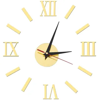 OTOTEC Wanduhr selbstklebend mit römischen Ziffern 3D Rahmenlos Groß Acryl Wanduhr Dekoration für Zuhause Büro Wohnzimmer Schlafzimmer (Gold)