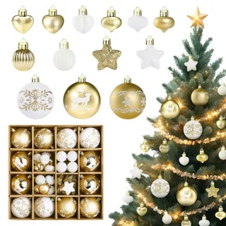 Kesote Weihnachtskugeln Weiß Christbaumkugeln Gold Set 52er Weihnachtsbaumschmuck Weihnachtsdeko für Weihnachten Party