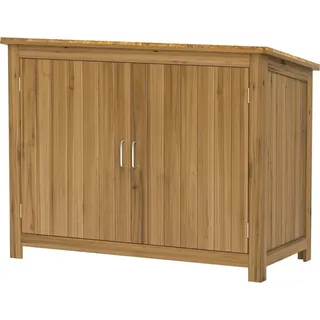 Fortuna Lai Gartenschrank Holz, Geräteschuppen wetterfest 110x50x85cm, Gerätehaus mit Tür, Pultdach, Ablagen, Geräteschrank, Gartenhaus Werkzeugschrank Gartenschuppen für Garten Terrasse Hinterhof, Braun - Braun