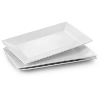 DOWAN Servierplatte Porzellan Rechteckig, 3 Stück Teller 35,6 × 20,3 cm, Porzellanteller als Speiseteller für Fleisch, Fisch, Sushi, Vorspeisen & Desserts, Geschirr für Küche & Party, Soft White