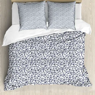 ABAKUHAUS Anker Bettbezug, zufällige Meer, Milbensicher Allergiker geeignet mit Kissenbezügen, 200 cm x 200 cm - 80 x 80 cm, Dunkelblau Weiß - Weiß