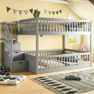 Merax Etagenbett 140x200cm mit Sicherheitstreppe und Schubladen, Kinderbett aus Holz, Stauraumbett Jugendbett mit Sicherheitsgeländer, Grau - Grau