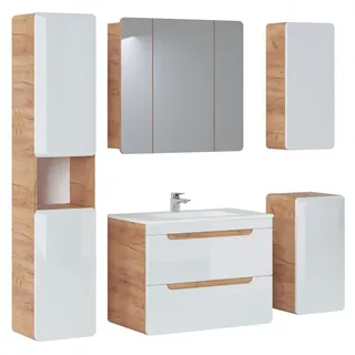 Design Badezimmer Möbel Bad 5tlg. Set Garnitur Schrank Beleuchtung Waschbecken