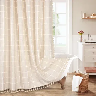 MitoVilla Boho Farmhouse Duschvorhänge, Baumwoll-Leinen-Stoff, Vintage-Landhaus-Duschvorhang, Dicker Duschvorhang für Badezimmer-Dekor, rustikaler strukturierter Stoff-Duschvorhang mit Quaste,