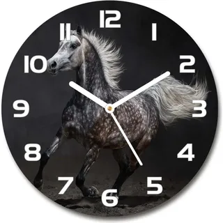 Wanduhr aus Glas 30fi Glasbild Glasuhr Gehärtetes Glas - weisse-zeiger - Gray arabian horse - Schwarz
