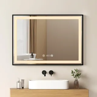 EMKE Badspiegel LED Spiegel 50x70cm Badezimmerspiegel Lichtspiegel mit Schwarz Rahmen Touch-Schalter, Beschlagfrei und Uhr Funktions - Schwarz
