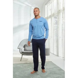 Pyjama AUTHENTIC LE JOGGER "Schlafanzug für Herren", Herren, Gr. 52/54, blau (blau, meliert, marine), Jersey, Obermaterial: 100% Baumwolle, unifarben, Basic, bequem lang, Rundhals, angesetztes Bündchen, Homewear-Sets Pyjama, mit Knopfleiste, meliertes Oberteil, Topseller