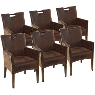 kreatives Wohnen Esszimmer Stühle Set 6 Stück Rattan Armlehner Sessel Bilbao vollgepolstert Polster Prairie Brown, Holz, Hellbraun, Extra breit