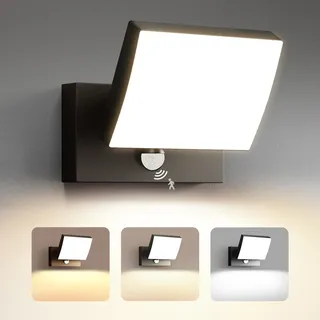 YindaLux 24W LED Aussenlampe mit Bewegungsmelder, IP65 Wasserdicht 3CCT Außenwandleuchte, Aluminium Wandleuchte Innen Außen mit Schwenkbar LED Panel, Modern Außenlampe für Garten, Garage, Schwarz