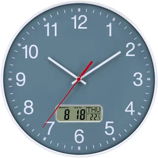 VIVILINEN Lautlos Wanduhr mit Kalender und Temperaturanzeige Küchenuhr | Modern Quarzuhr Ohne Tickgeräusche Wanduhr mit Datum und Thermometer für Wohnzimmer Schlafzimmer Büro Küche 30cm, Blau