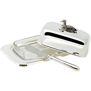 Edzard Butterdose Ente, 13 x 18 cm, Höhe 8 cm, edel versilbert, hochglanzpoliert, mit Glasschale, inklusive Buttermesser, für 250 Gramm Butter